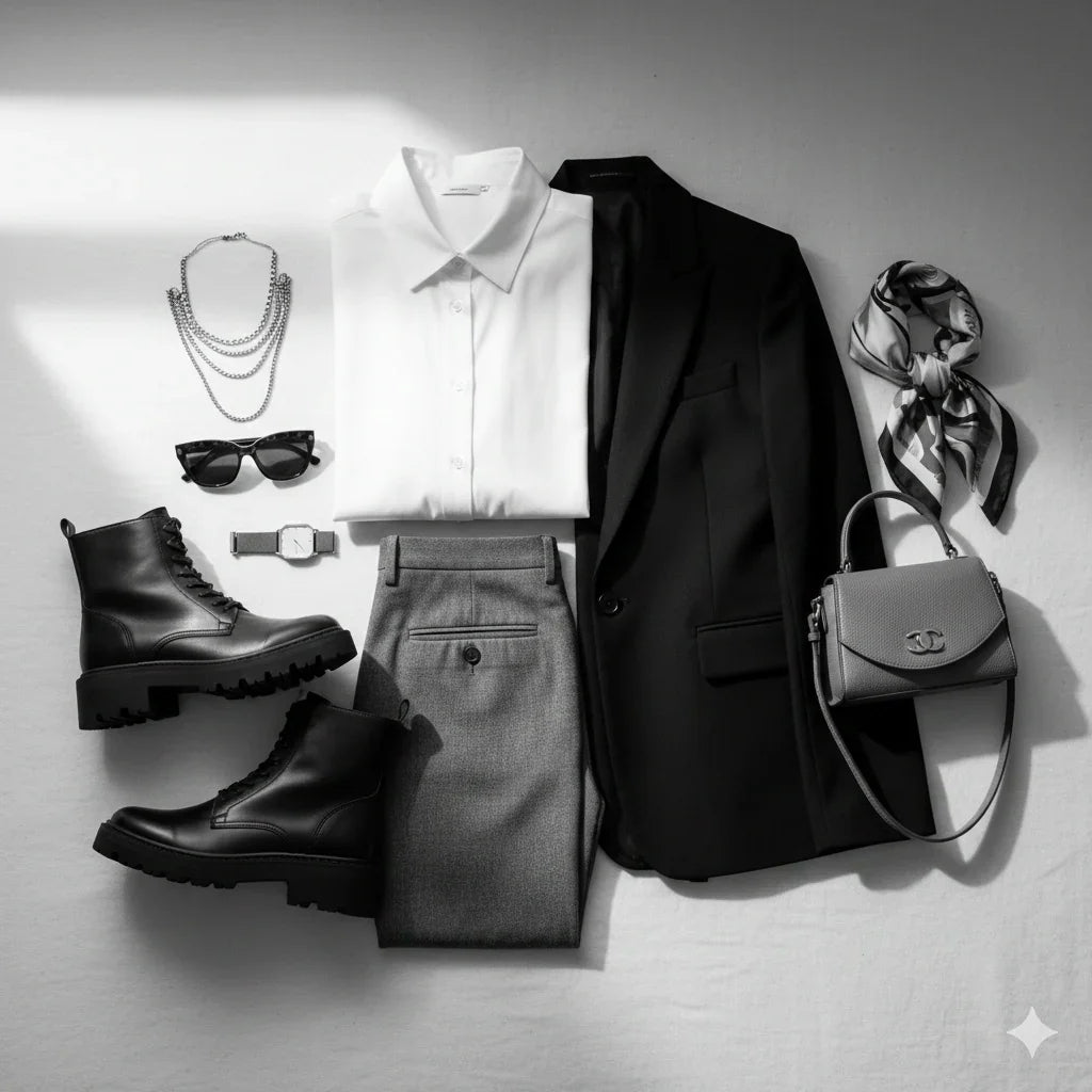 Chic women's outfit flat lay with black blazer, white blouse, gray pants, boots, handbag, and accessories