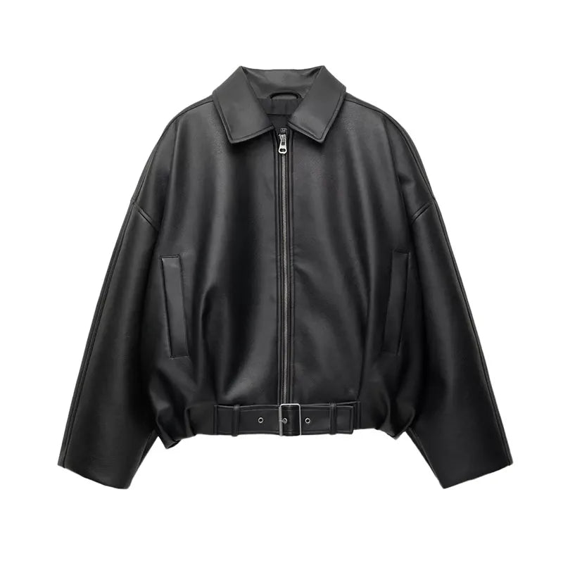 Black faux leather jacket with zip front, wide collar, long sleeves, and belted waist.