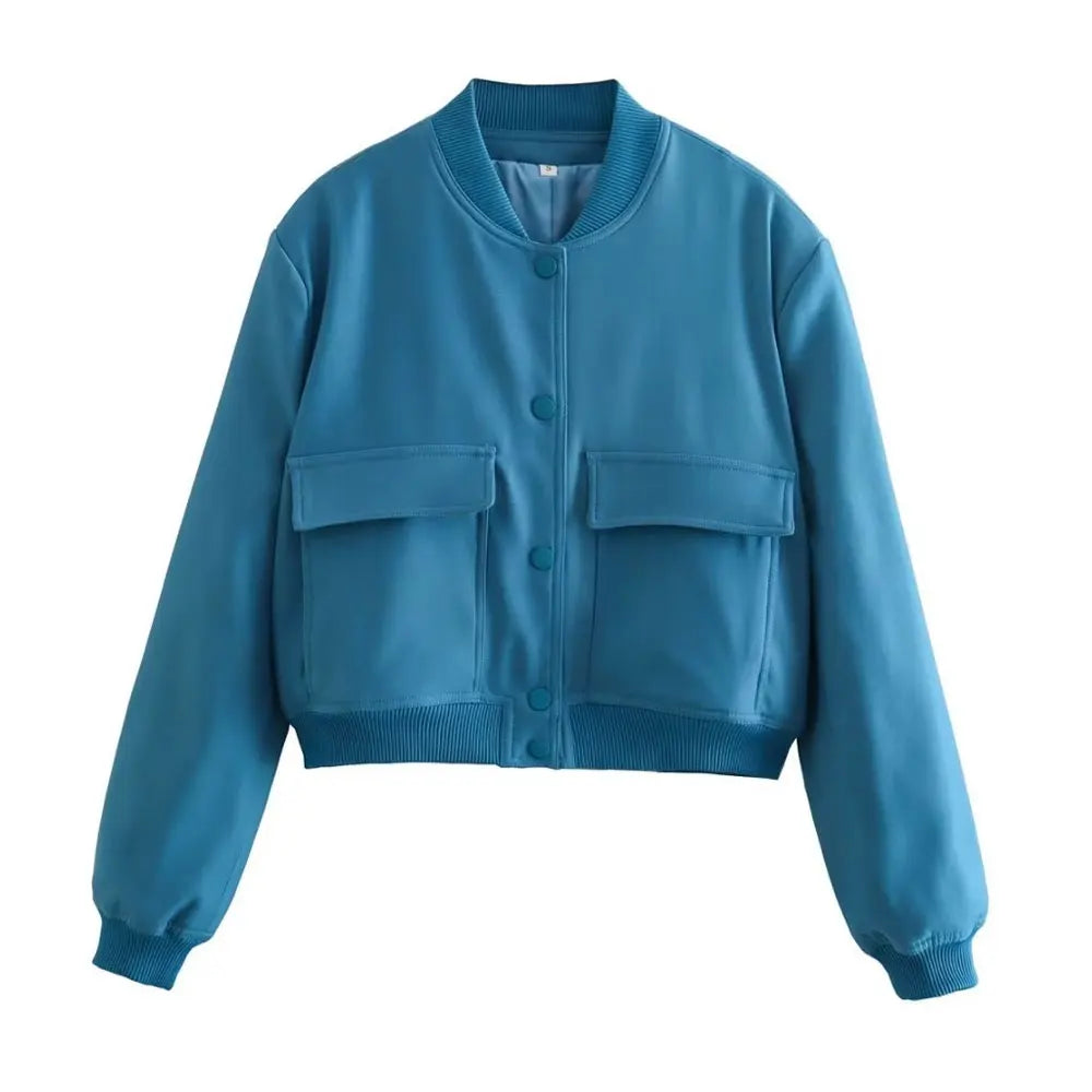Stylish blue women's bomber jacket with front pockets and ribbed cuffs