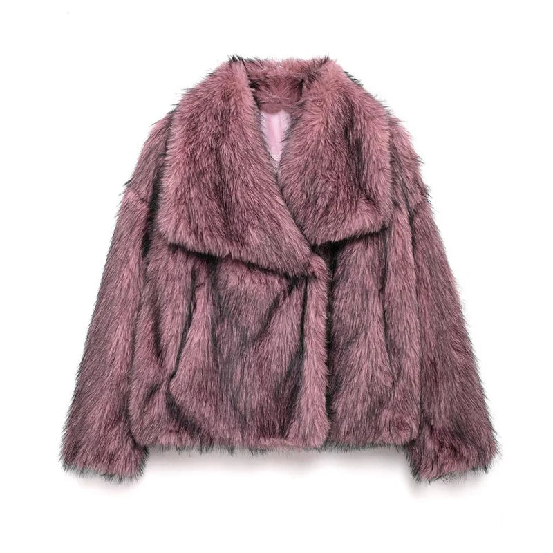 Plush pink faux fur jacket for women with oversized lapel on white background