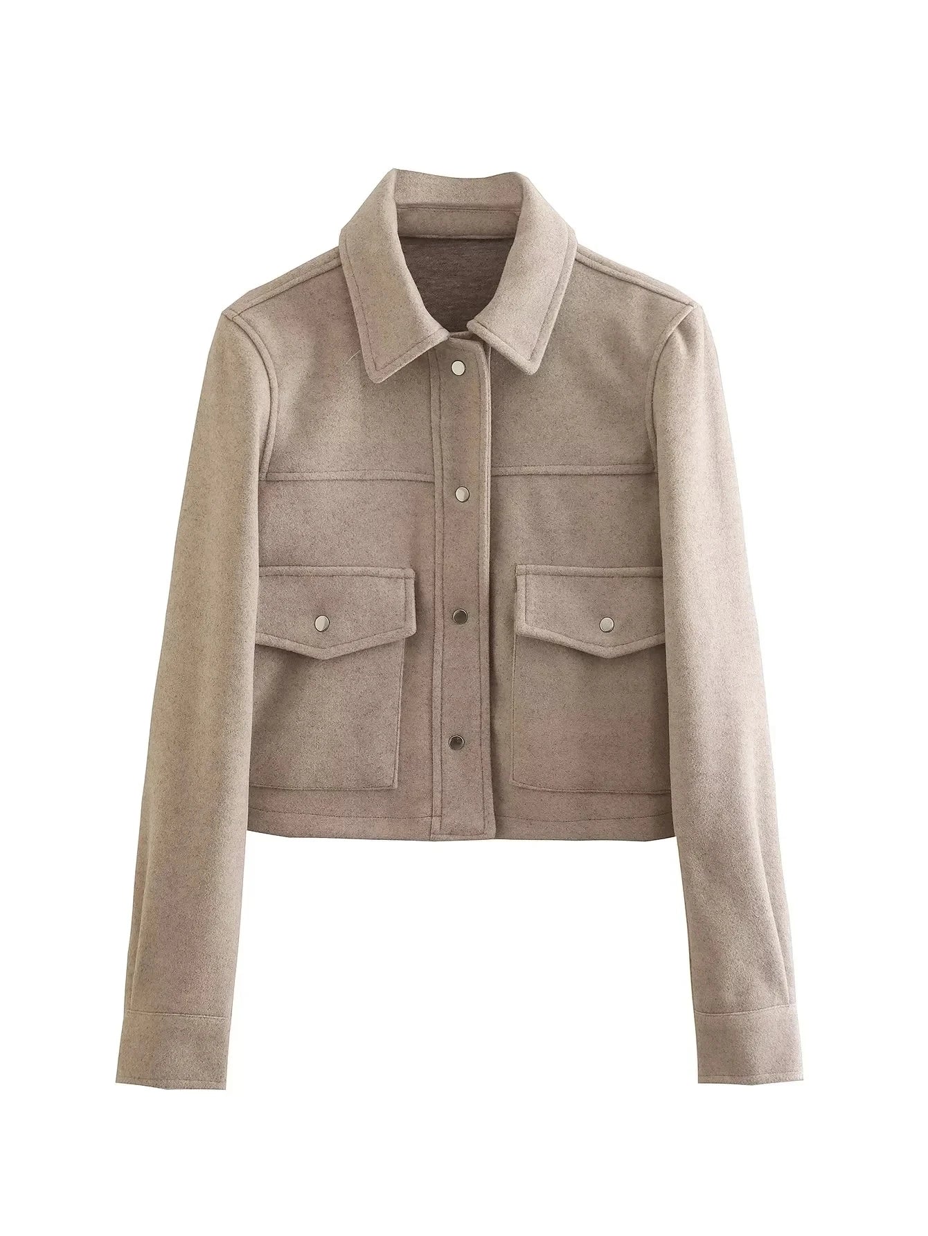 Beige cropped wool jacket with button front, two chest pockets, and long sleeves.