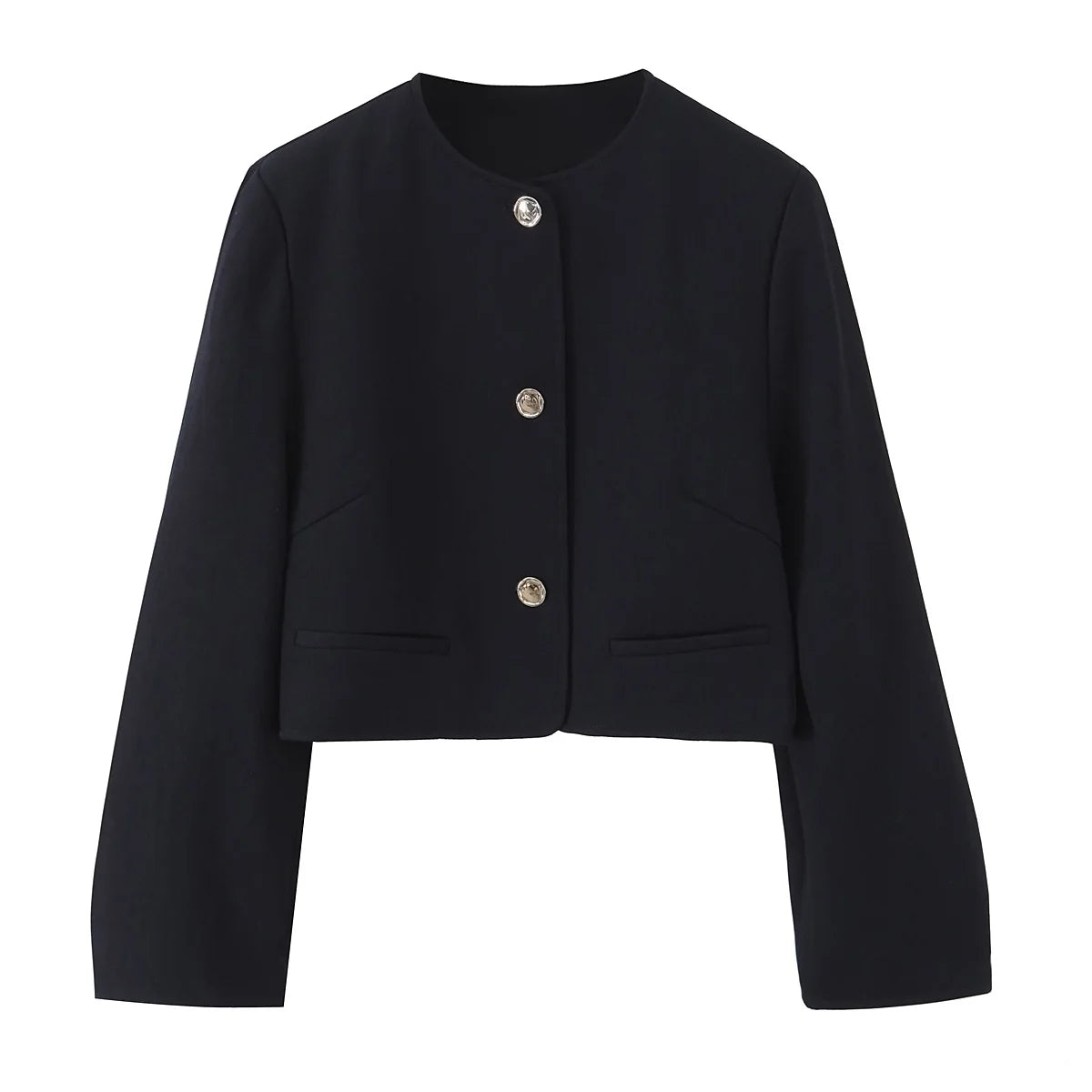 Women's black cropped blazer with round neckline and silver buttons, modern elegant style