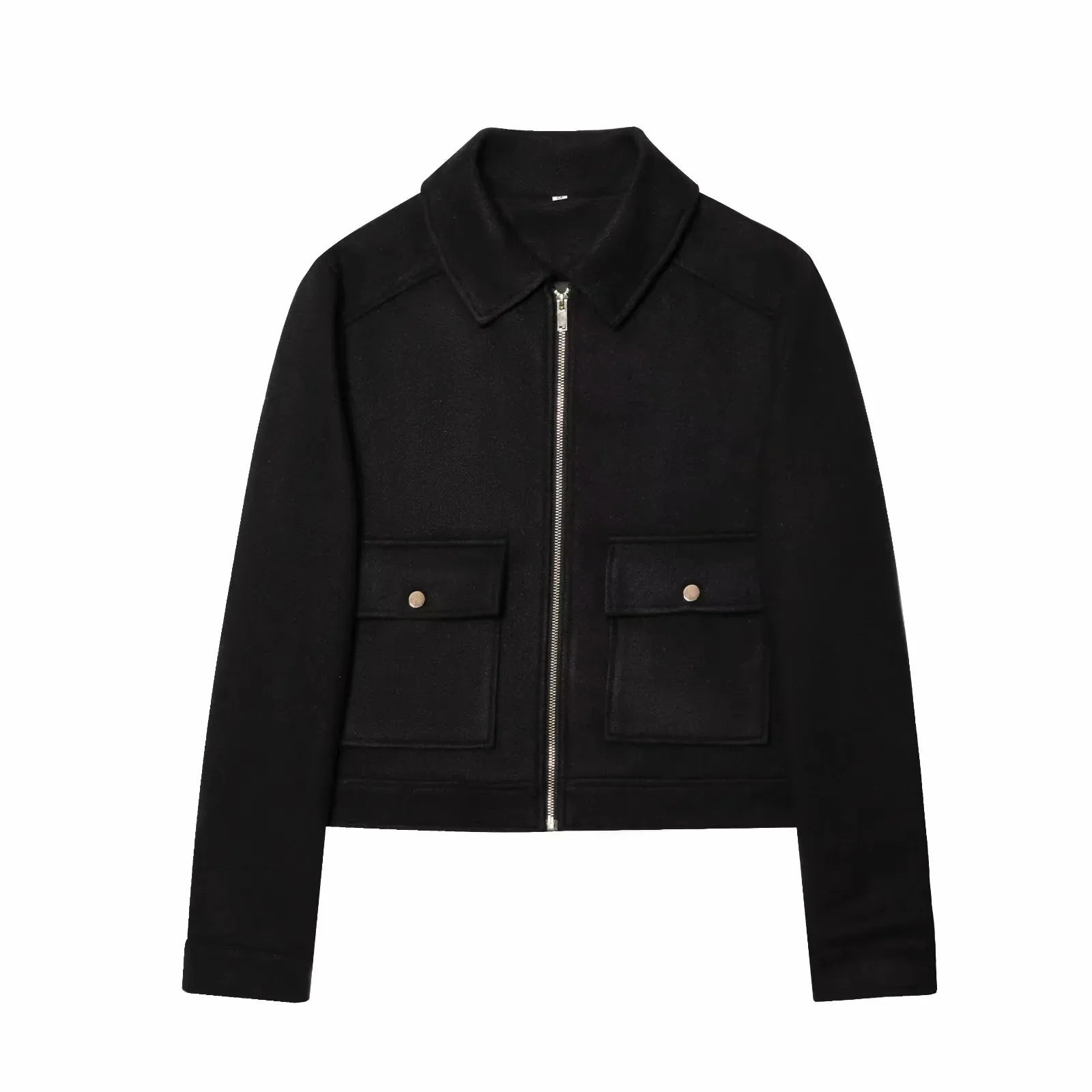 Black women’s cropped jacket with front zipper and flap pockets, modern minimalist style