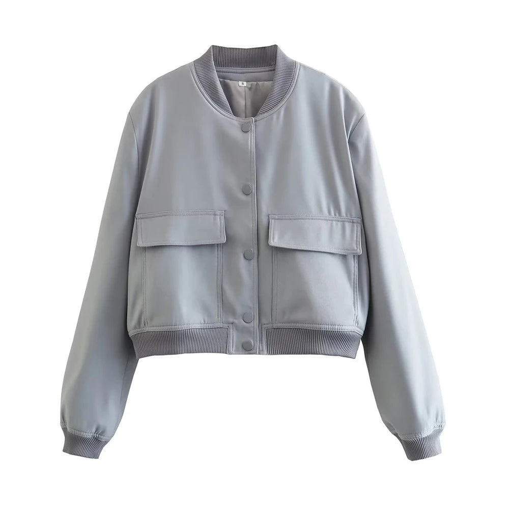 Light gray bomber jacket for women with front flap pockets and ribbed trims