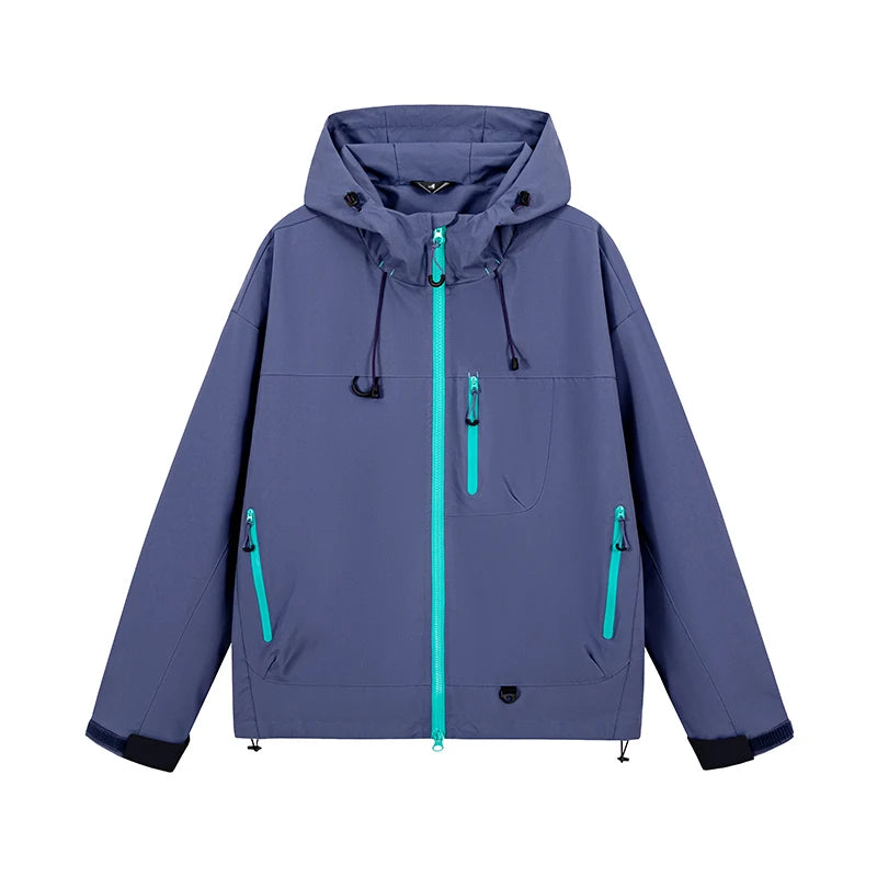Women's modern purple hooded jacket with turquoise zippers and adjustable drawstrings