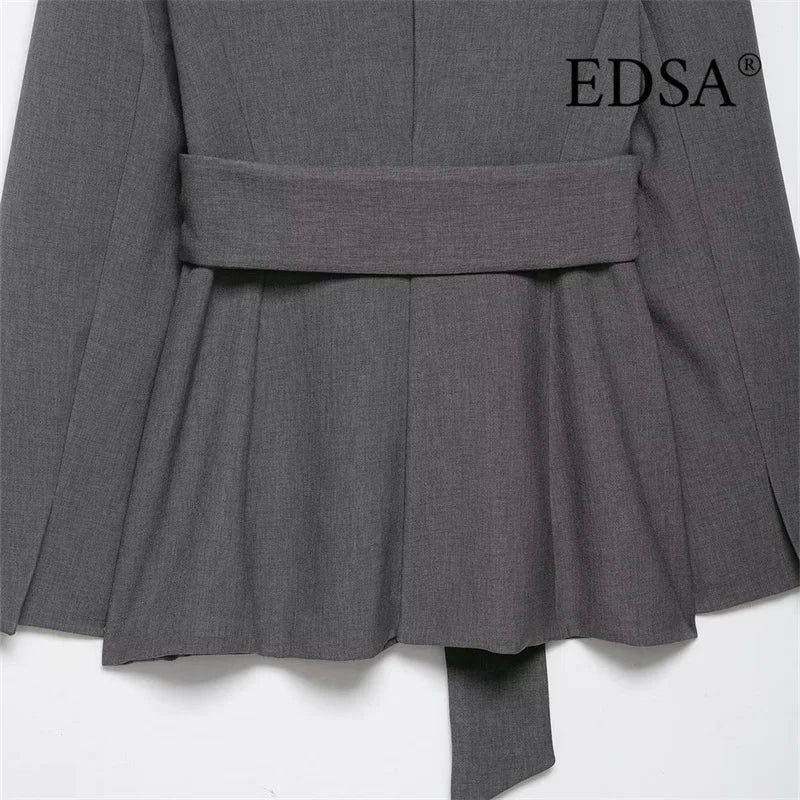 Tailored grey women's blazer jacket with belt detail and pleated hem, modern elegant style