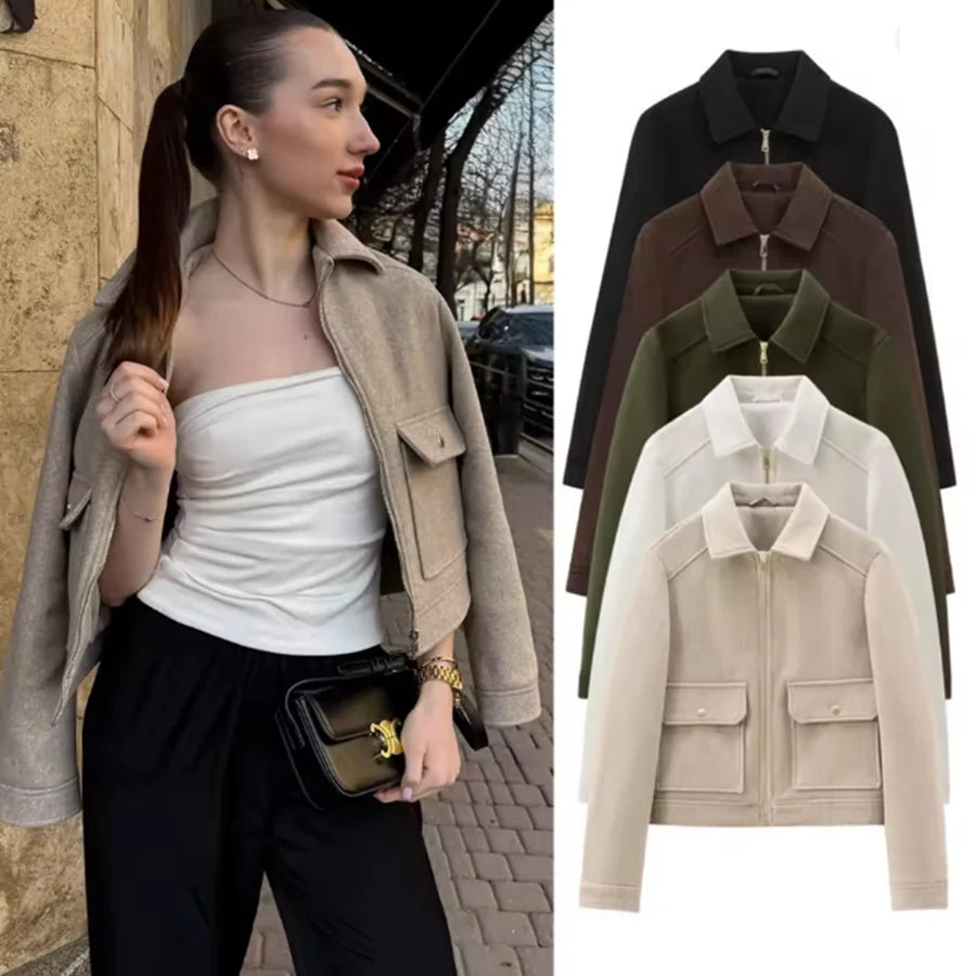 Woman wearing a beige cropped jacket with flap pockets, display of five color options for modern zip-up women's jackets.