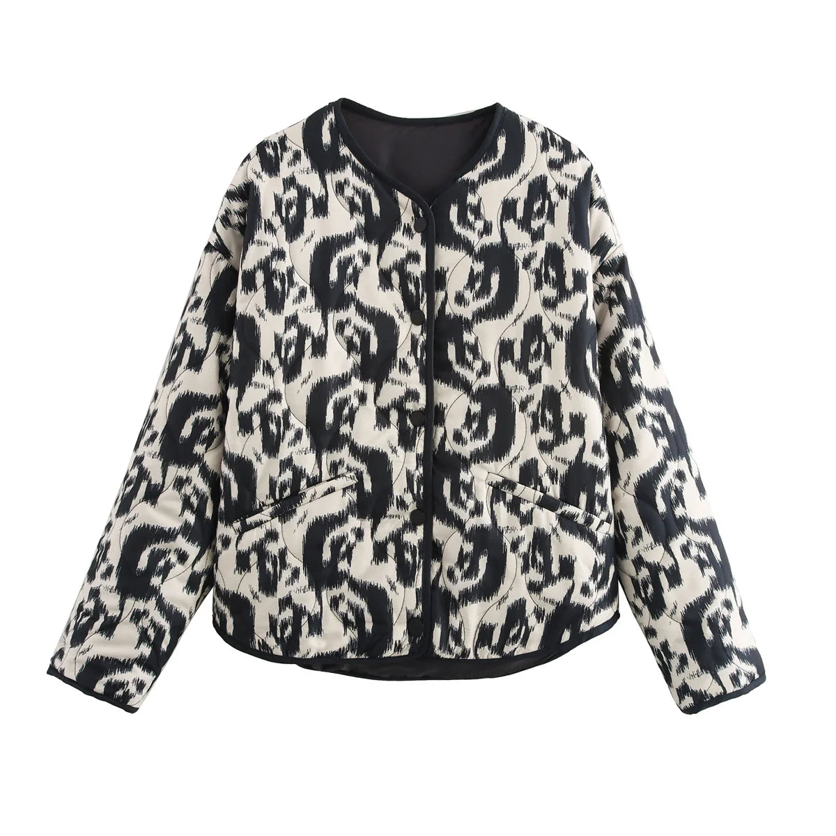 Women's black and white abstract print quilted jacket with front pockets