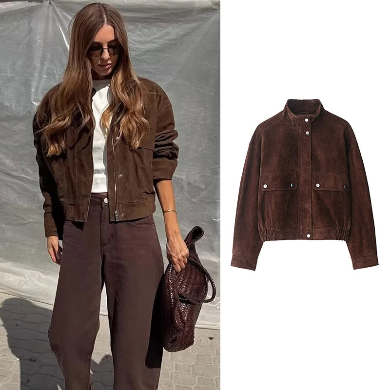 Woman wearing dark brown suede bomber jacket with front pockets, styled with wide leg trousers and sunglasses, next to a product image of the same jacket.