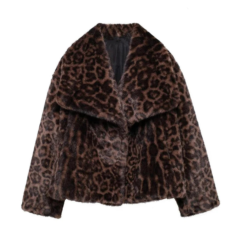 Brown faux fur coat with bold leopard print and wide lapel, stylish women's outerwear
