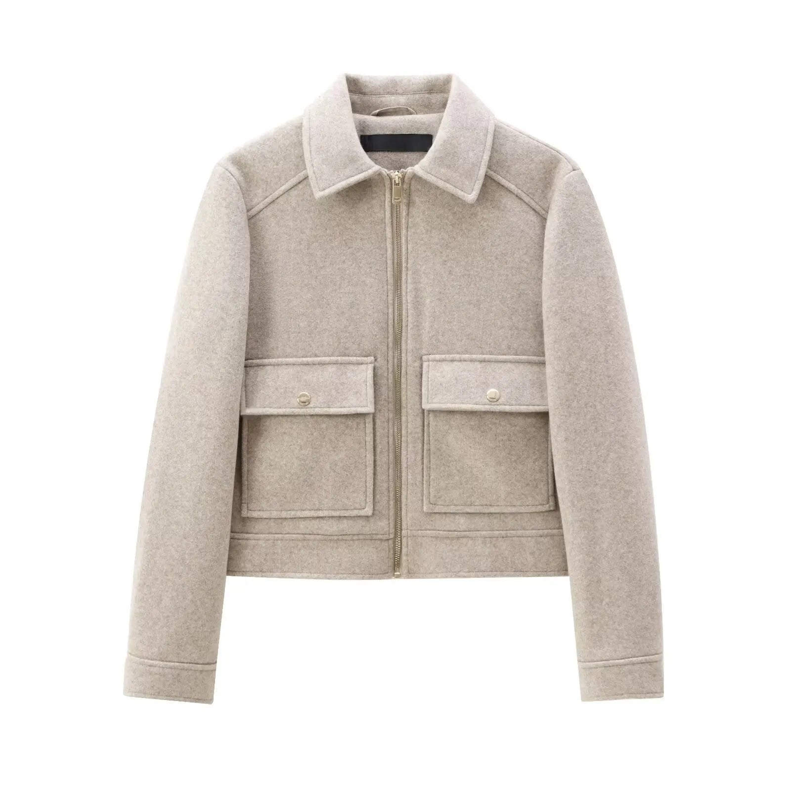 Beige wool zip-up jacket with large front pockets and classic collar, minimalist style
