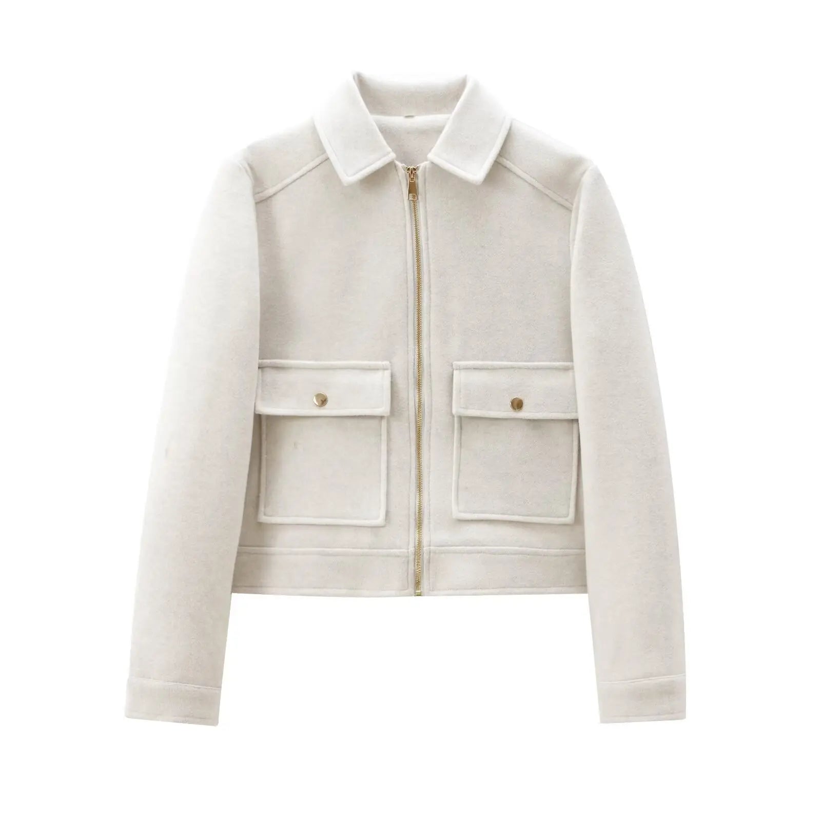 Cream wool zip-up cropped jacket with flap pockets and collar, modern women's fashion