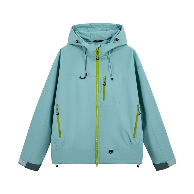 Light blue hooded women's windbreaker with green zippers and drawstring accents
