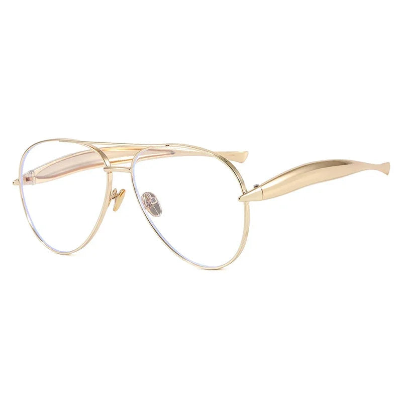 Gold aviator eyeglasses with clear lenses and wide metallic arms on white background