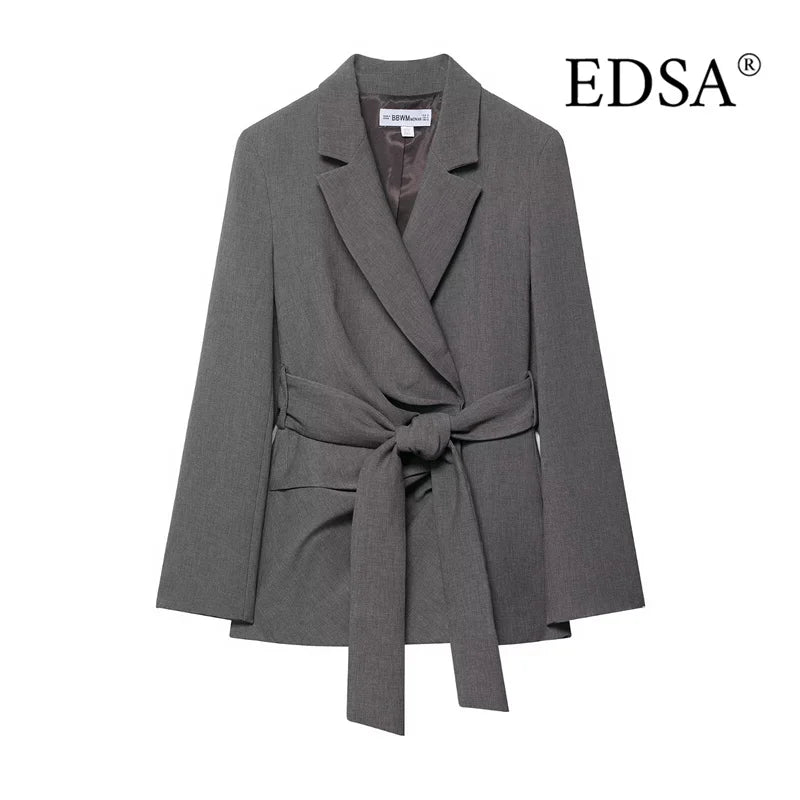 Women's tailored gray blazer with notched lapels and waist tie belt, elegant modern style