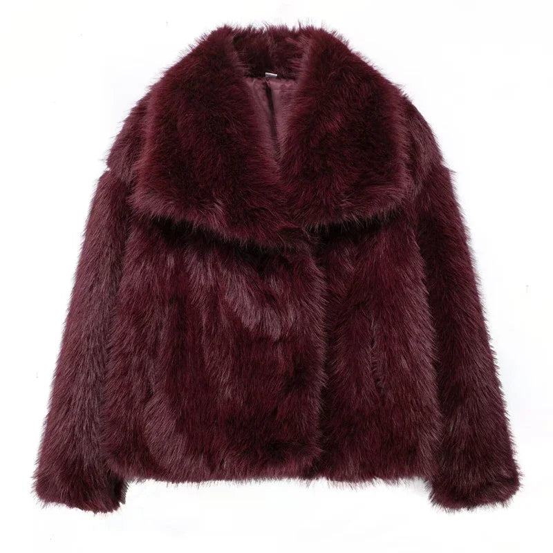 Plush burgundy faux fur jacket for women with wide lapel and modern elegant style