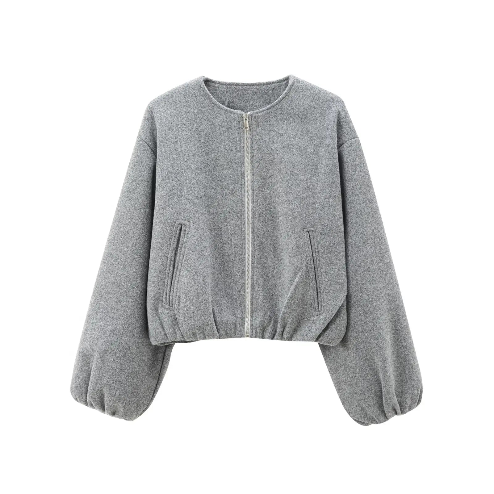Gray zip-up wool bomber jacket with side pockets and balloon sleeves, front view