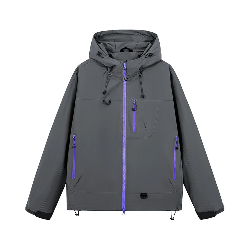 Gray hooded jacket with purple zipper accents and adjustable drawstrings, modern outerwear