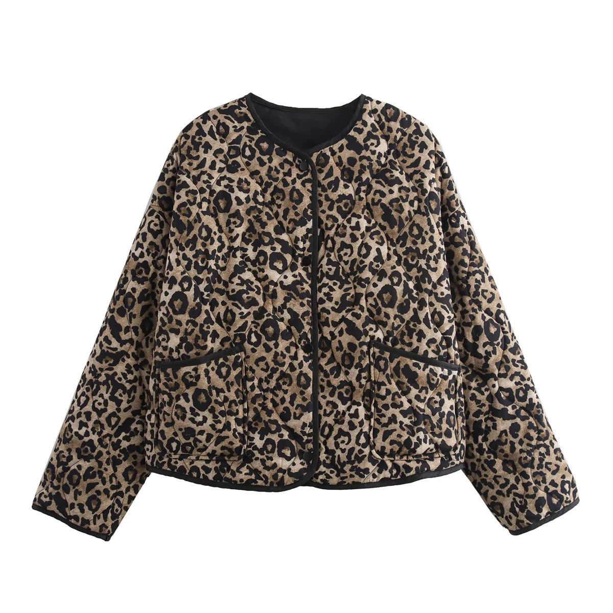 Women's leopard print jacket with front pockets and black trim, modern fashion outerwear
