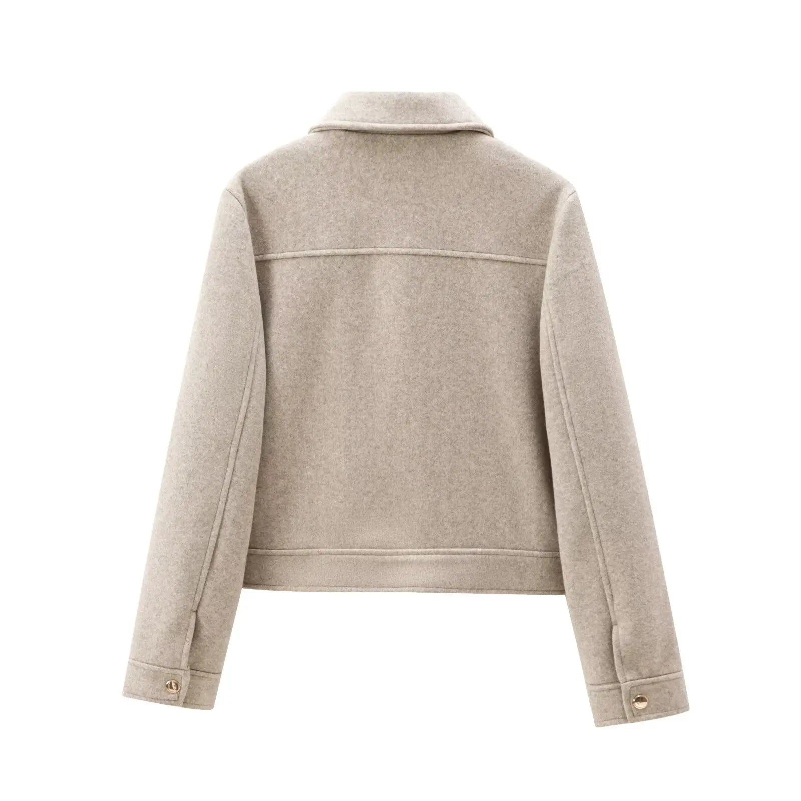 Back view of a beige wool-blend women's jacket with long sleeves and buttoned cuffs