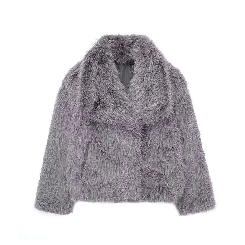 Chic grey faux fur jacket with wide lapels, modern women's outerwear on white background