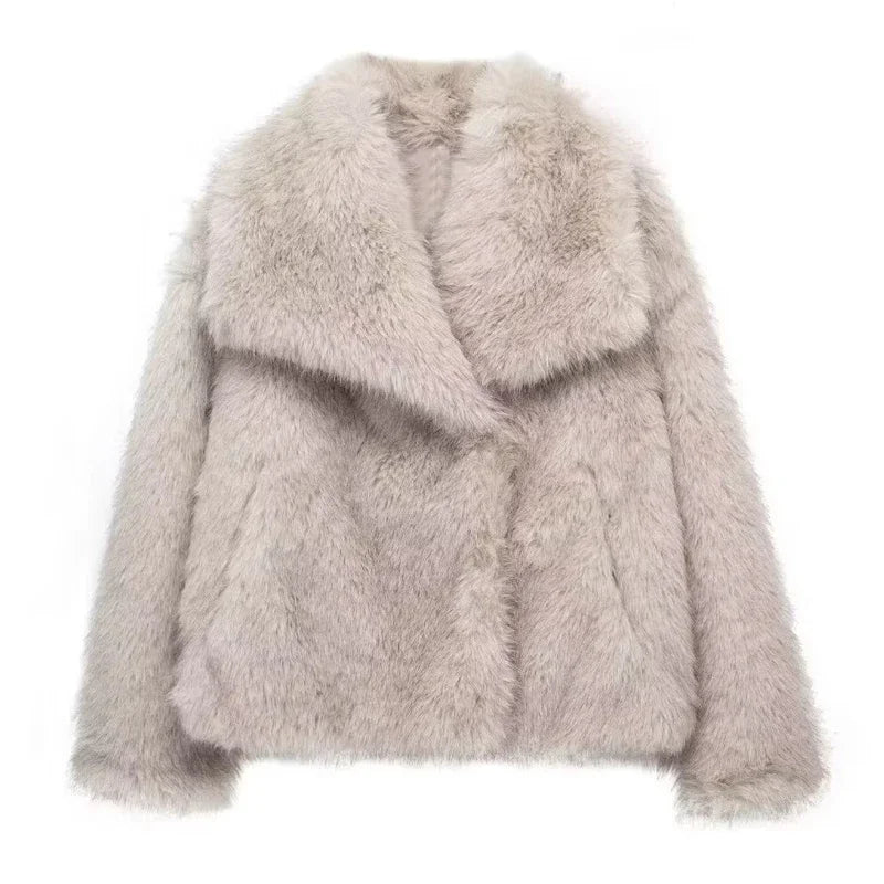 Chic light beige faux fur coat for women with wide lapel collar, luxurious winter fashion