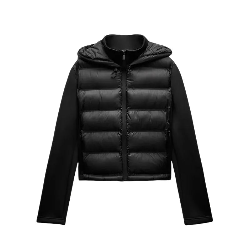 Black puffer jacket for women with hood, zip front, and padded panels, modern outerwear