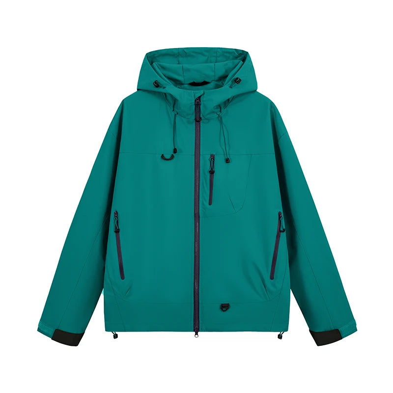 Teal women's hooded zip-up jacket with front pockets and adjustable drawstring.