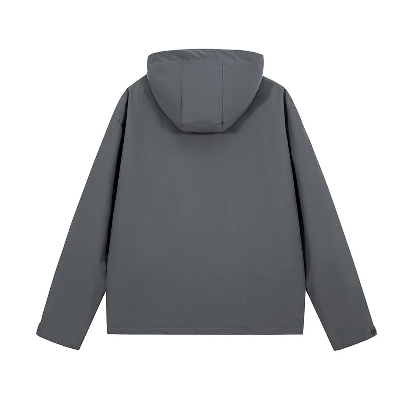 Back view of a gray hooded jacket with long sleeves, minimalist modern outerwear