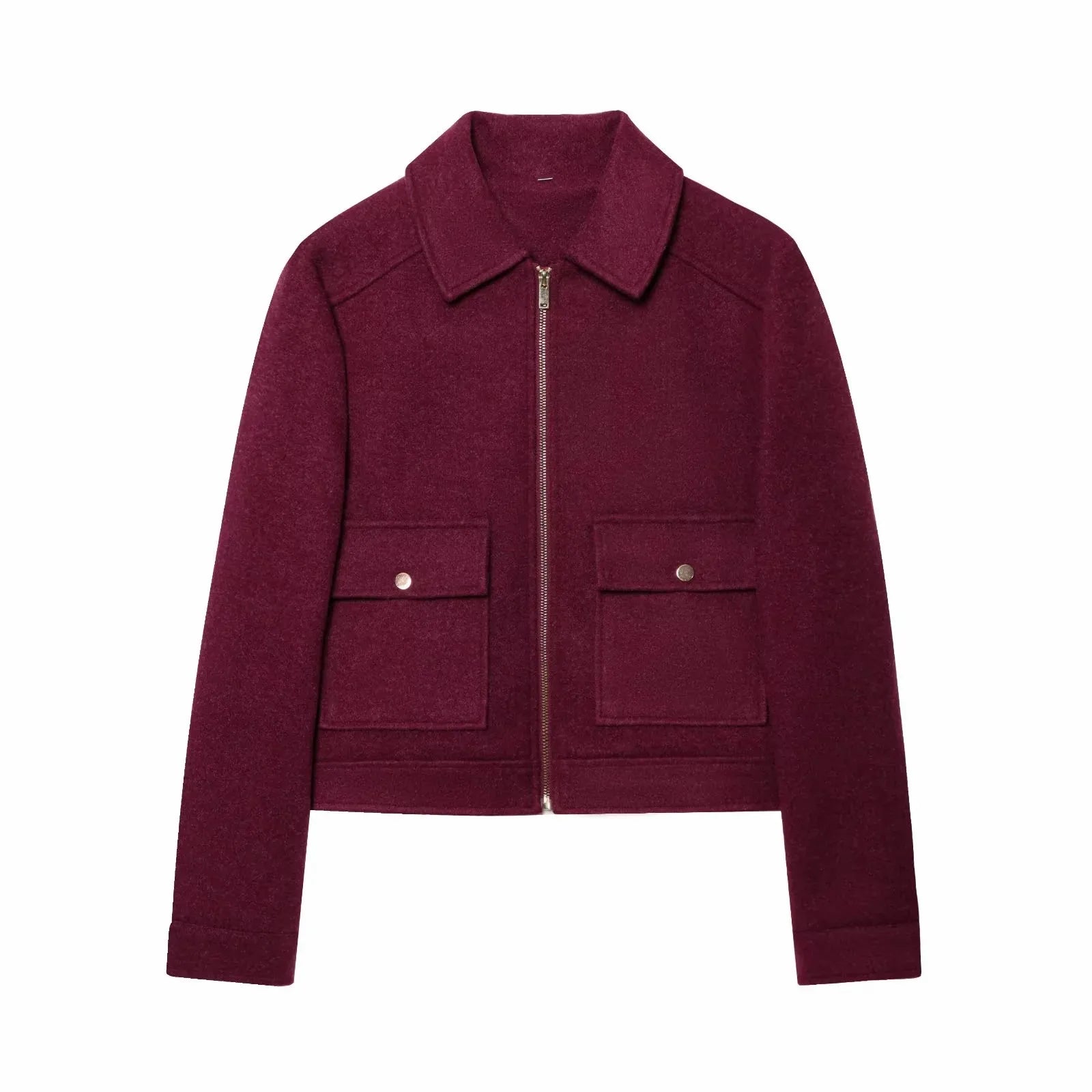 Women's burgundy wool jacket with front zipper and two flap pockets, elegant and modern style