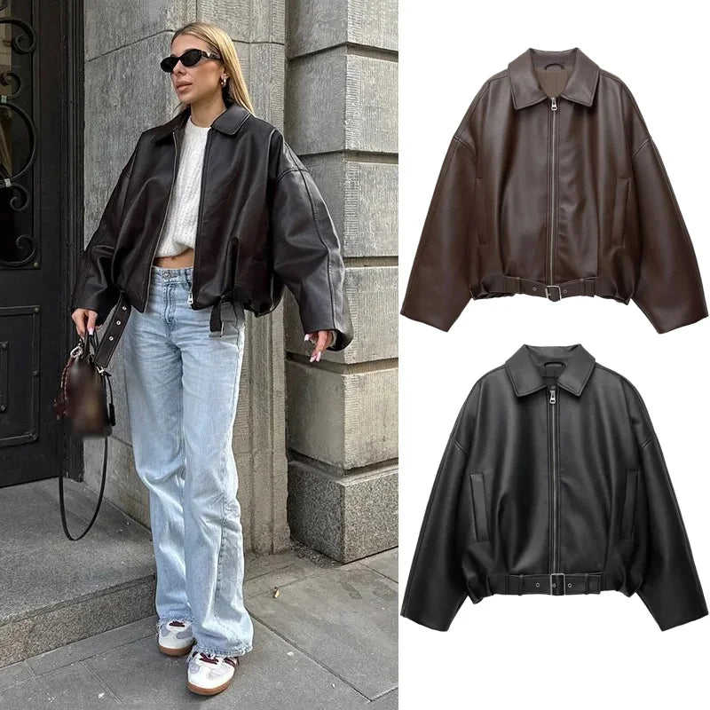 Woman wearing oversized faux leather jacket, straight leg jeans, and sneakers, with two color options of the jacket displayed.