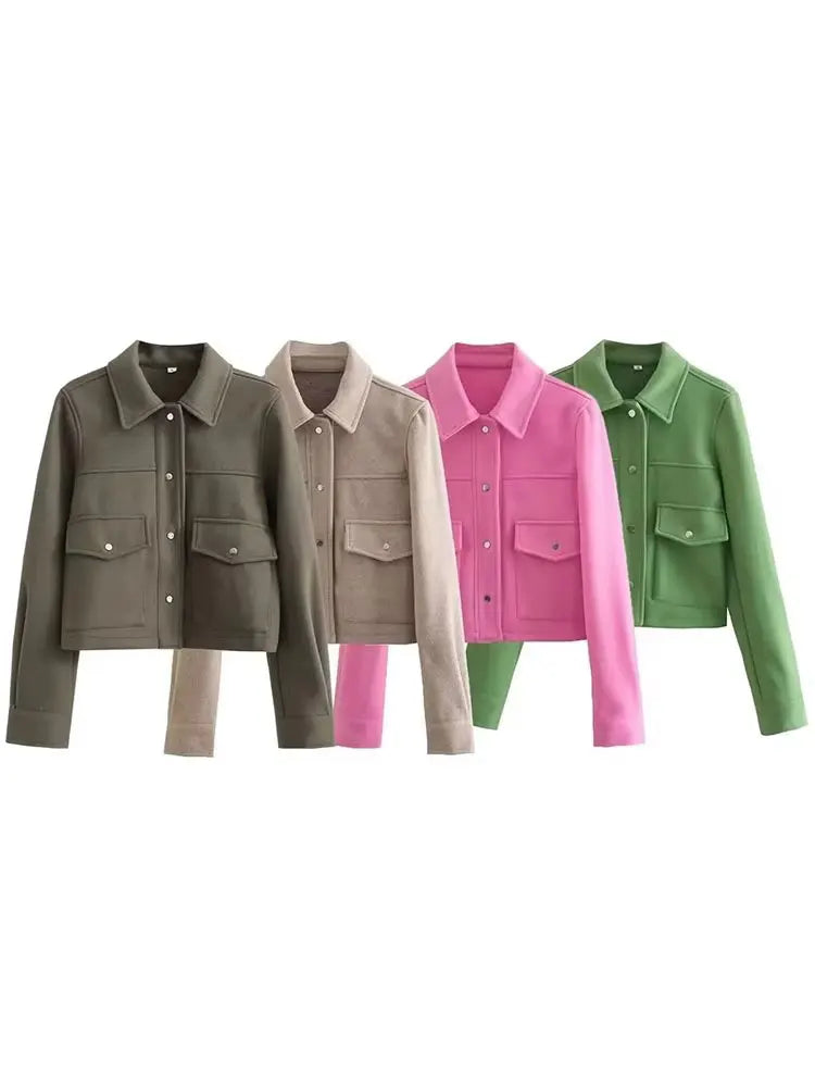 Women's cropped jackets with button front in khaki, beige, pink, and green colors.