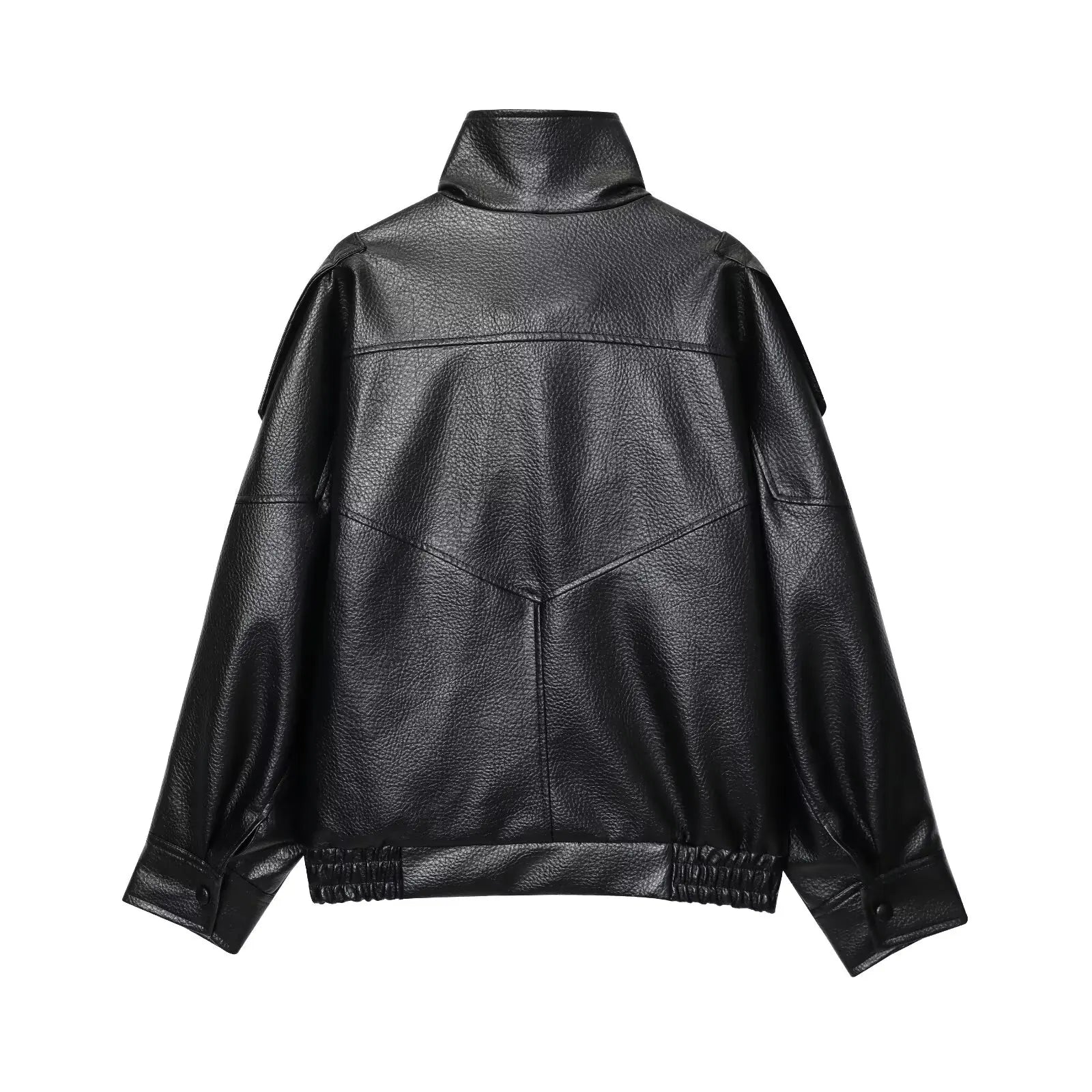 Back view of black faux leather jacket with textured finish and elastic hem