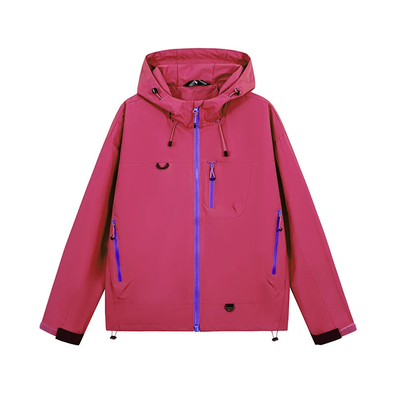 Women's pink hooded jacket with blue zippers and adjustable drawstrings, modern outerwear.