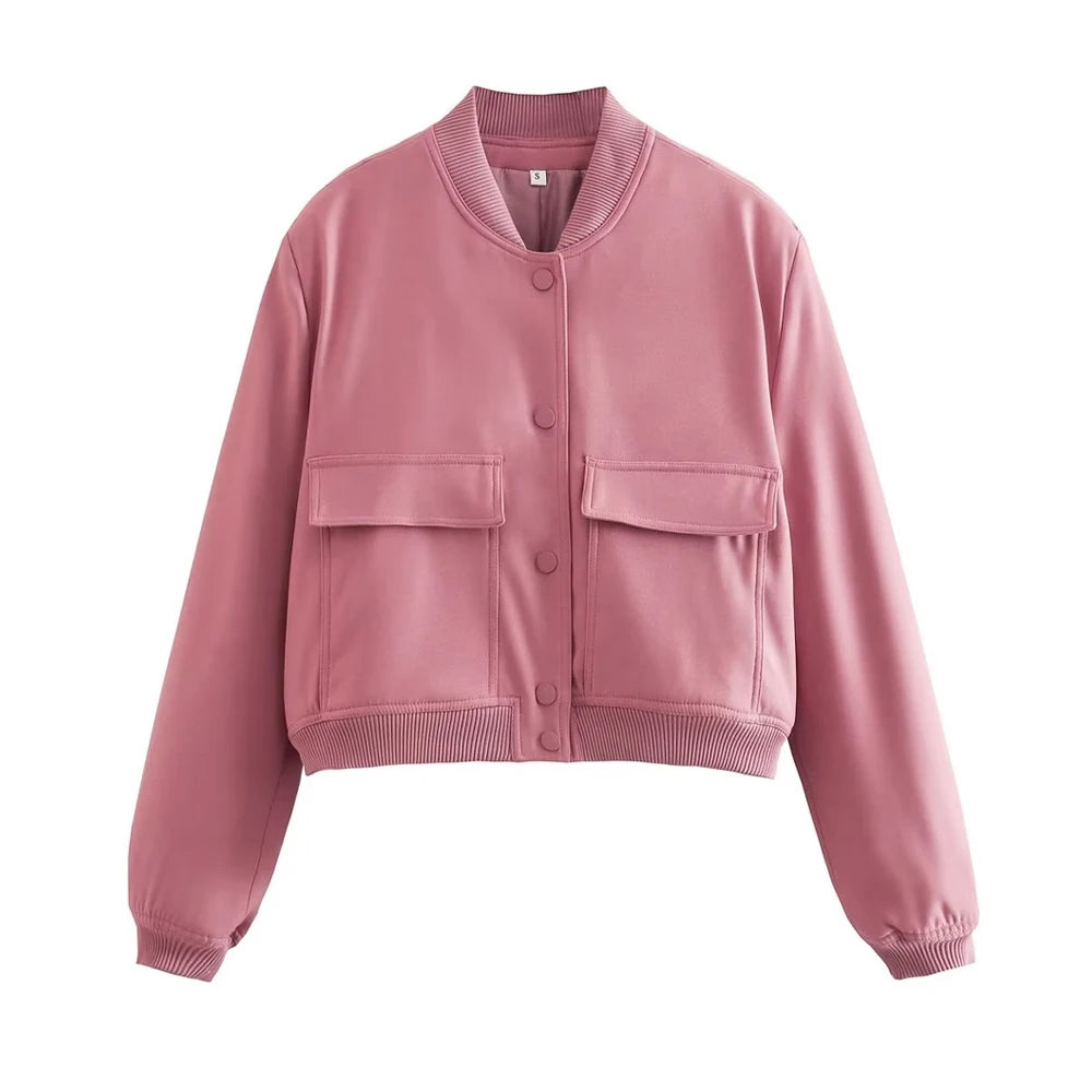 Women's pink cropped bomber jacket with front pockets and button closure