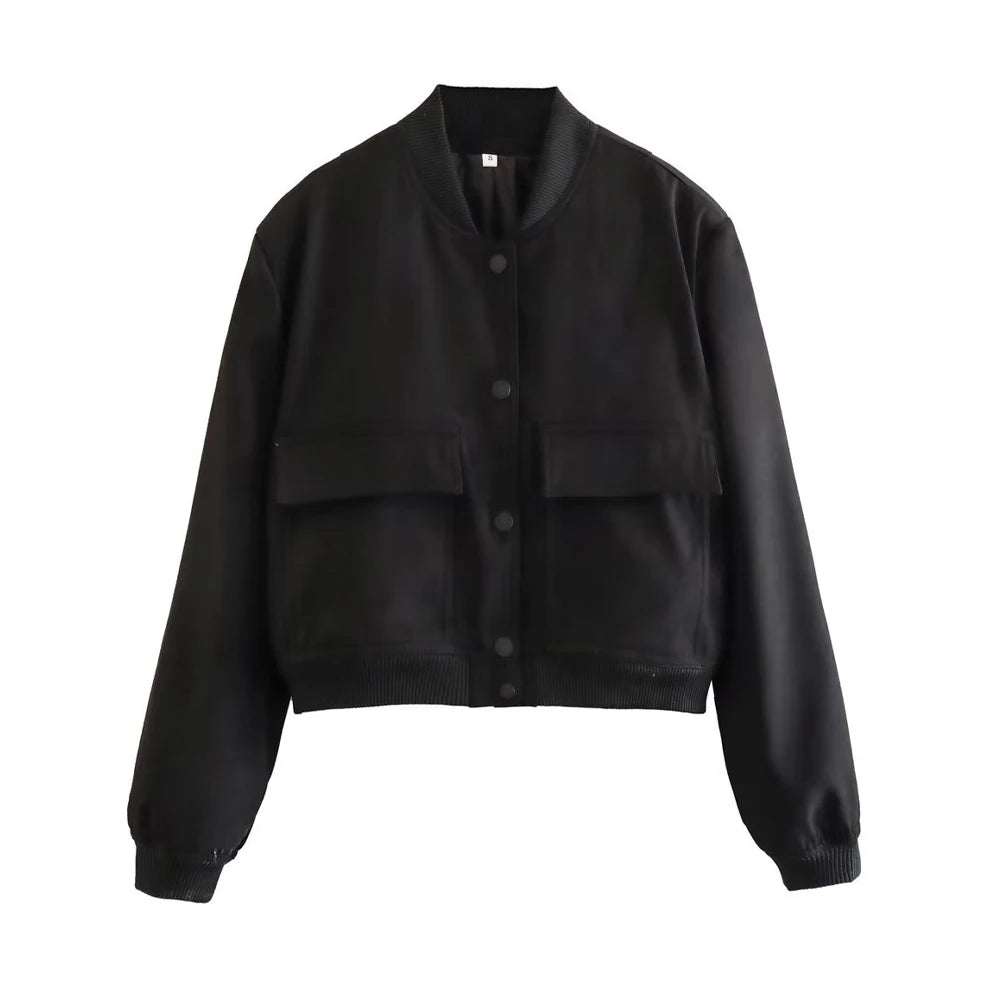 Black women's bomber jacket with front pockets and button closure, modern outerwear