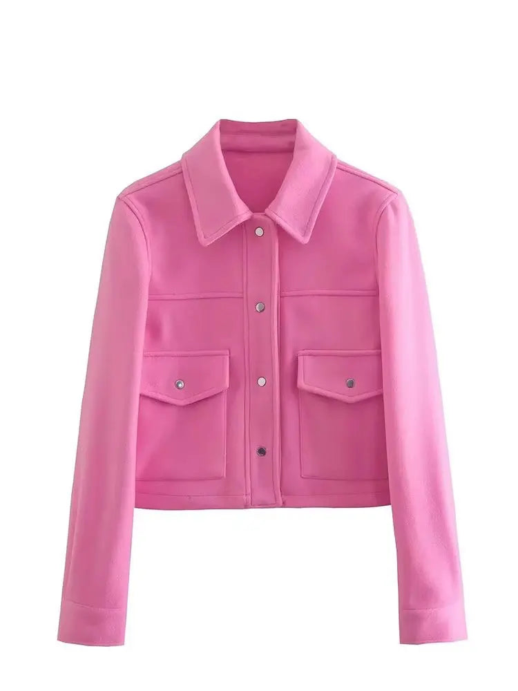 Pink cropped jacket with button front, two front flap pockets, and long sleeves