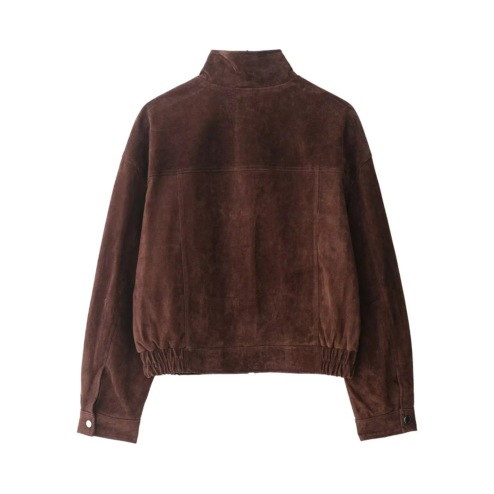 Back view of a brown suede jacket with elastic hem and buttoned cuffs