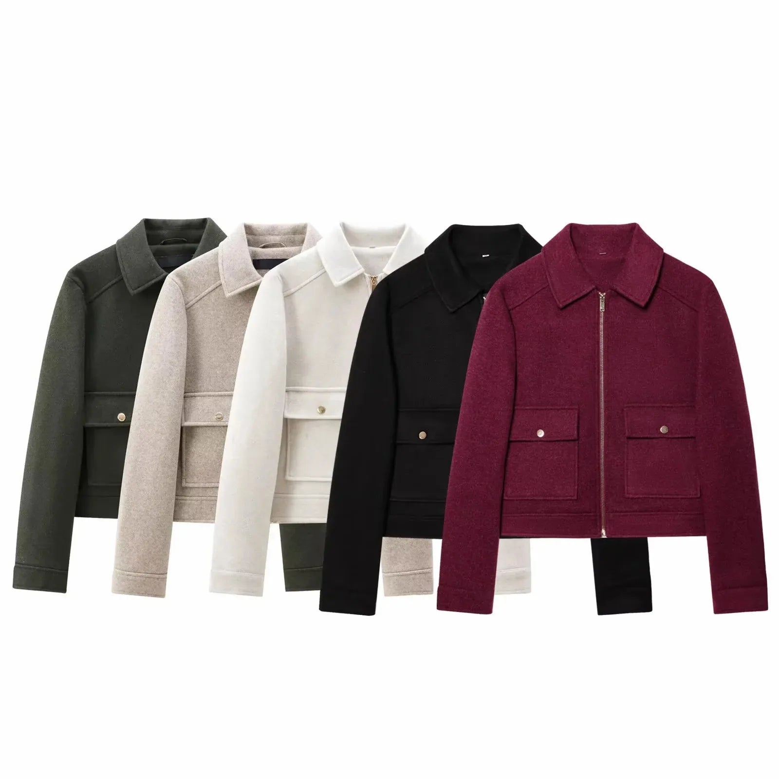 Women's cropped wool jackets in multiple colors with front pockets and zip closure