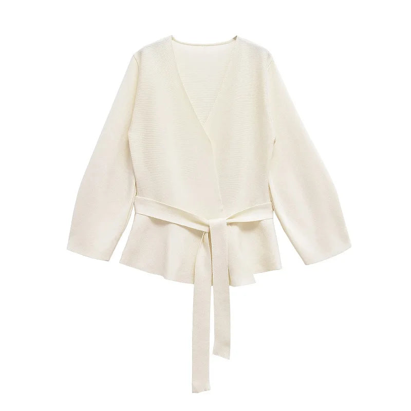 Elegant white long sleeve wrap blouse with waist tie, modern women’s fashion top