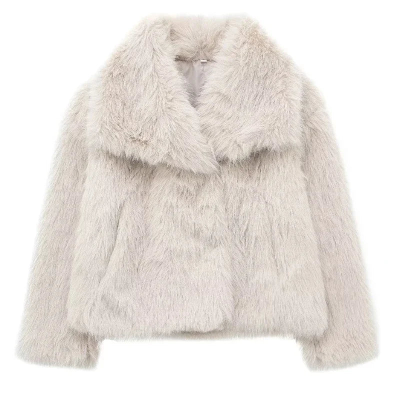 Elegant women’s faux fur coat in light beige with wide lapel collar, modern luxury outerwear