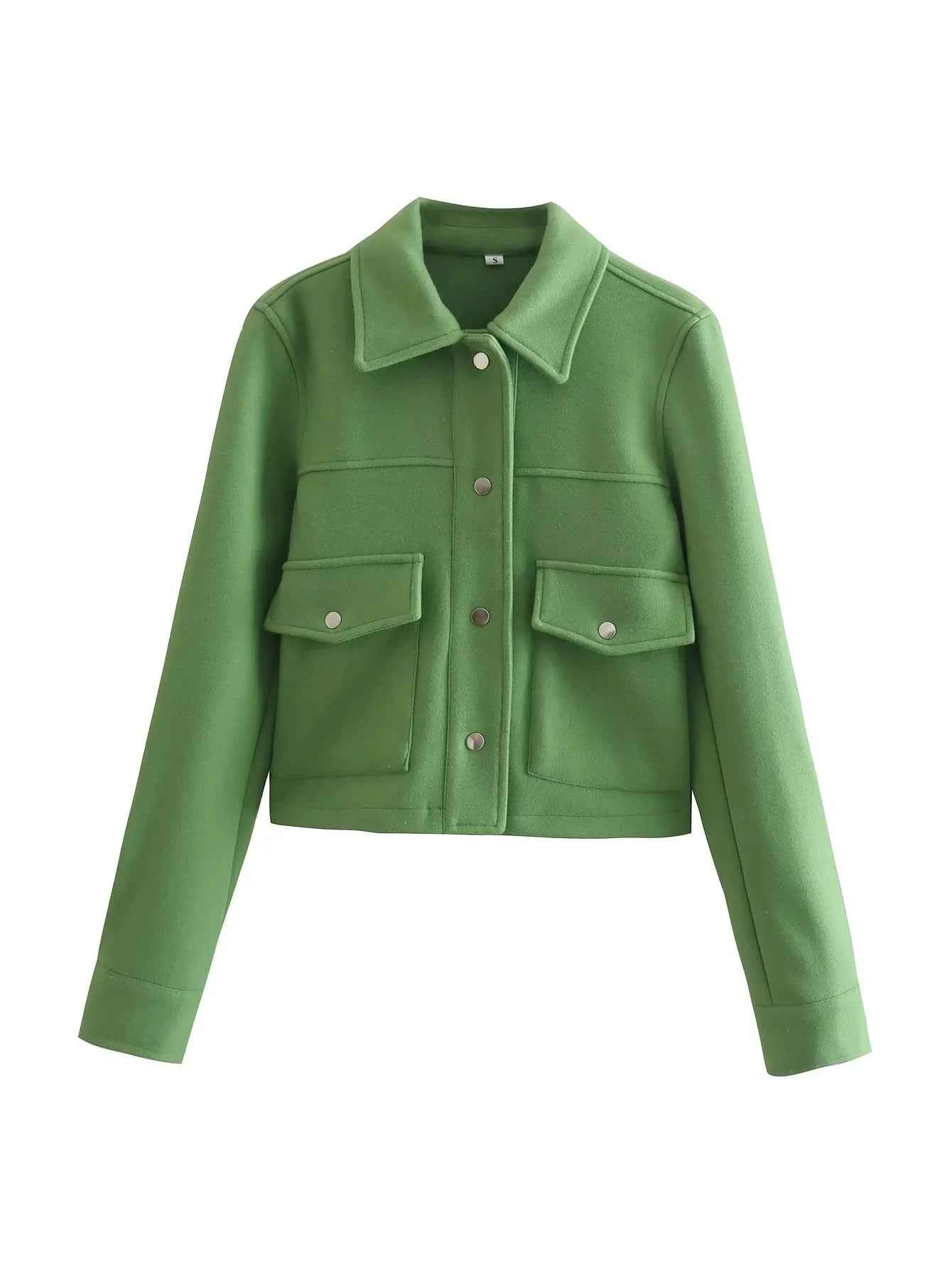 Green cropped jacket with front pockets and button closure, modern women's fashion outerwear
