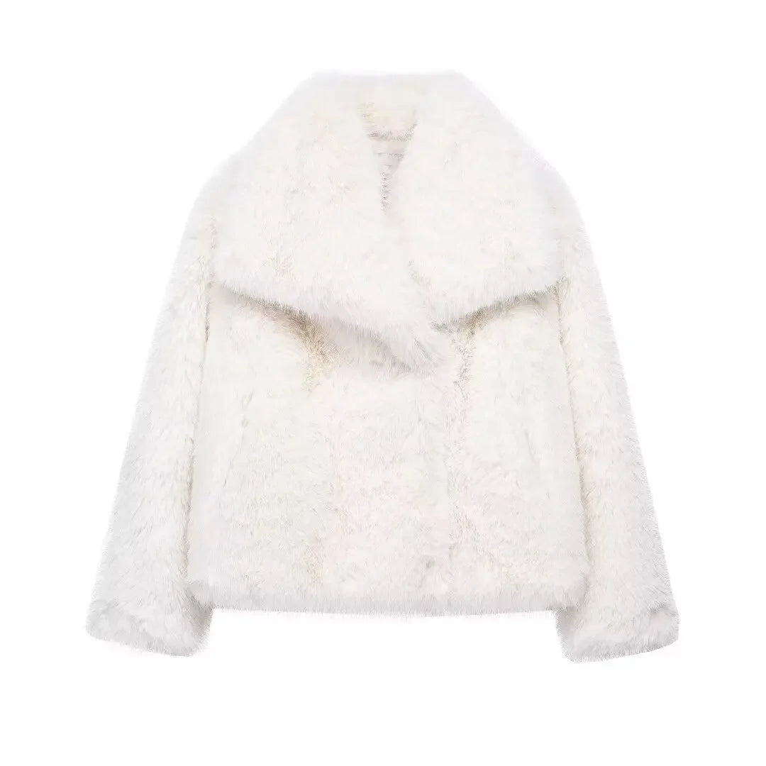 White faux fur jacket with wide lapel collar, luxury women's fashion outerwear