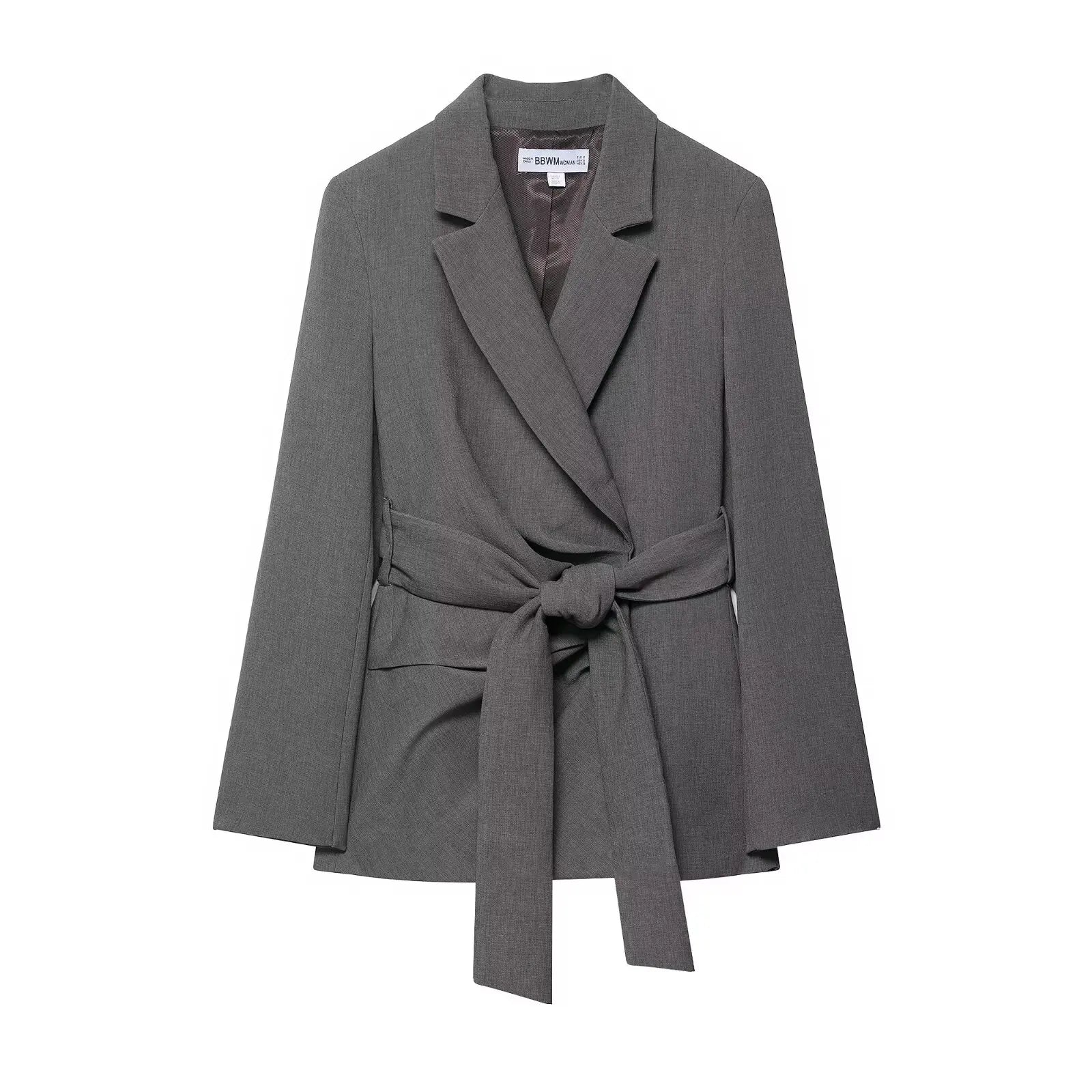 Women's grey belted blazer with lapel collar and tie waist, modern minimalist style