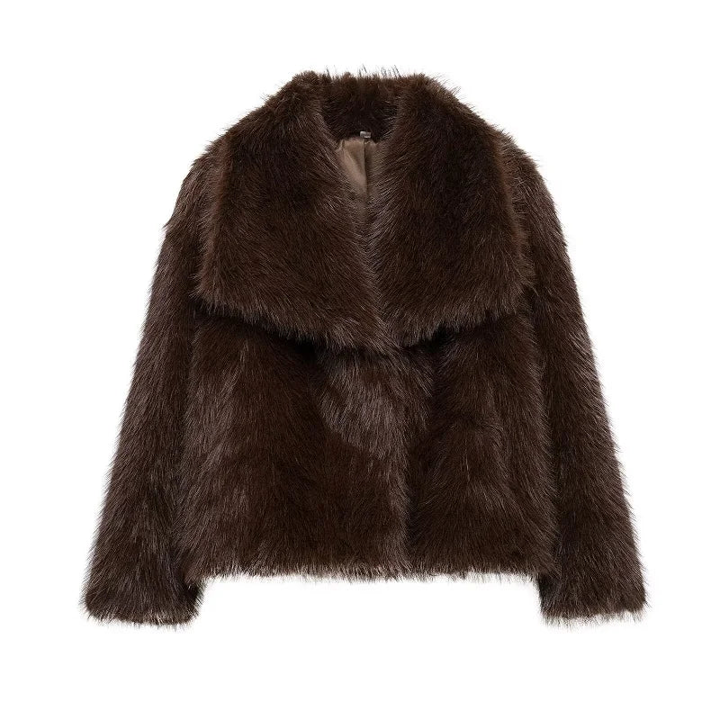 Women's dark brown faux fur jacket with wide collar and long sleeves on white background