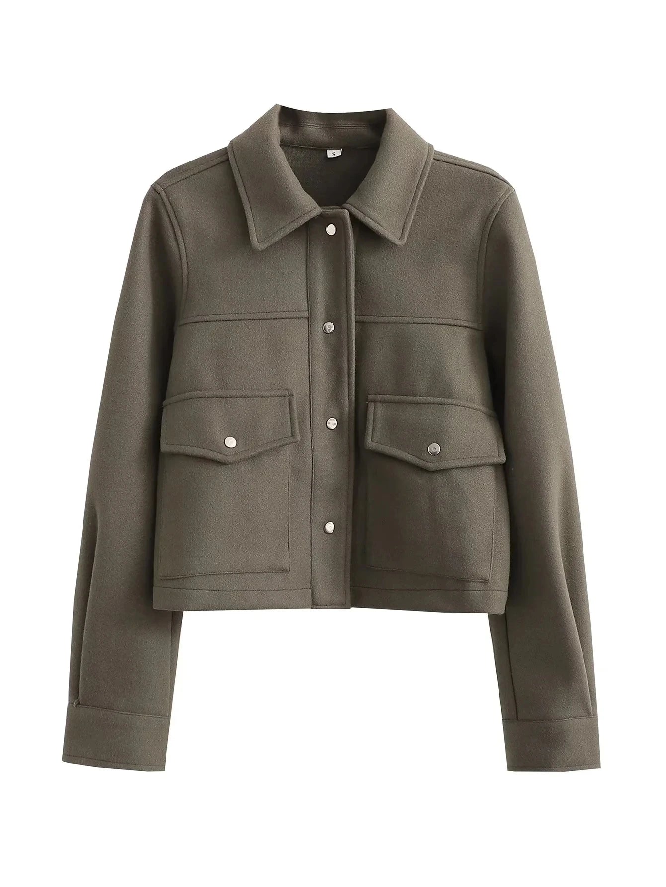 Olive green cropped wool jacket with front flap pockets and button closure, modern women's outerwear