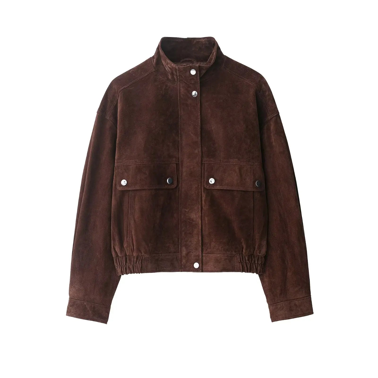 Women's brown suede jacket with stand collar, front snap buttons, and flap pockets