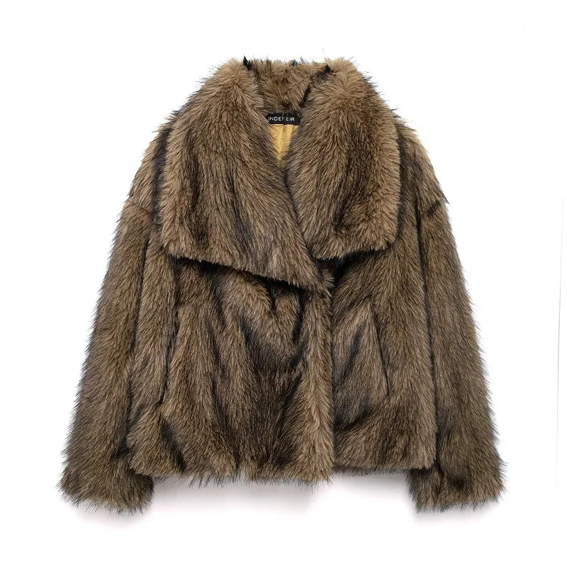 Luxury faux fur coat for women with thick brown texture and oversized lapel collar