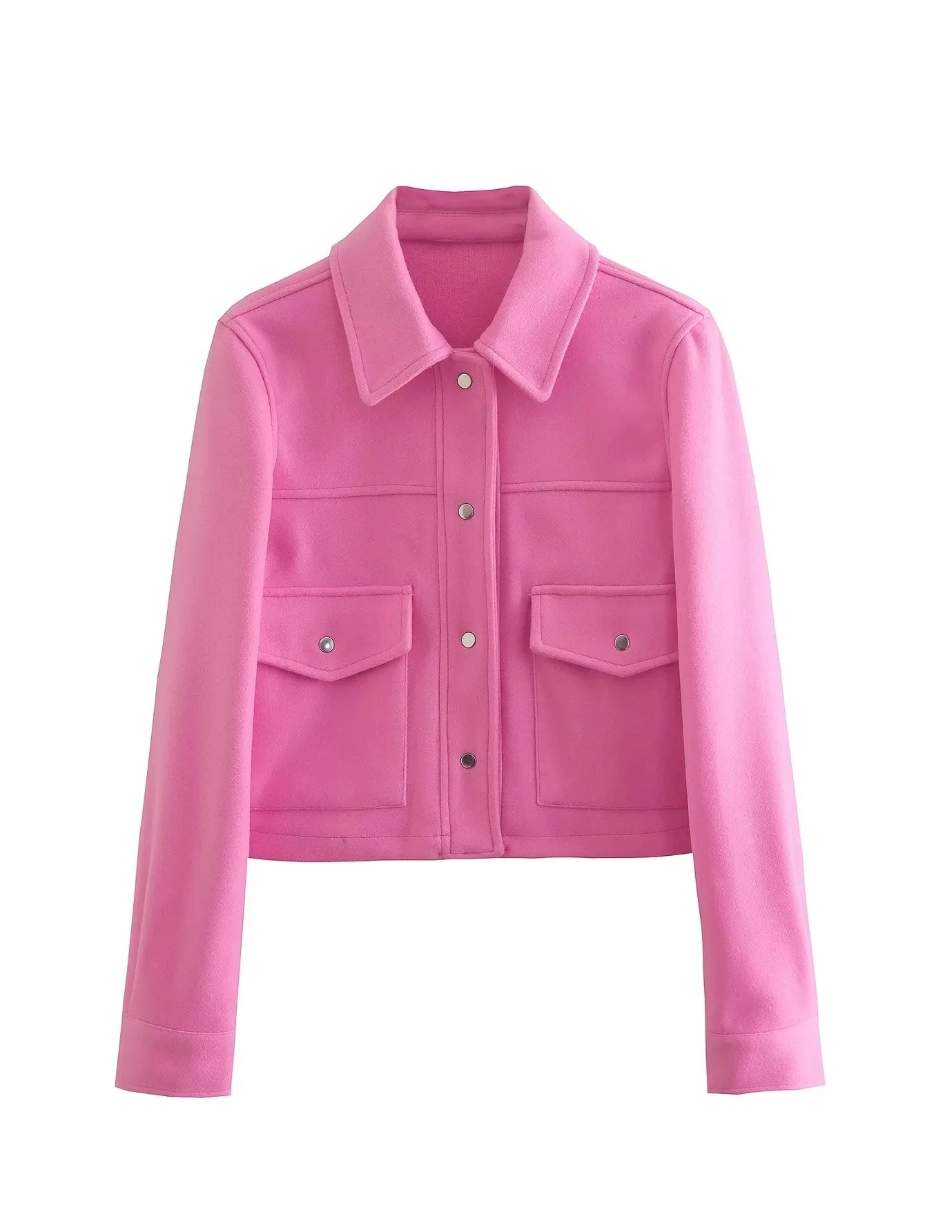 Women's cropped pink jacket with front pockets and button closure, modern fashion outerwear