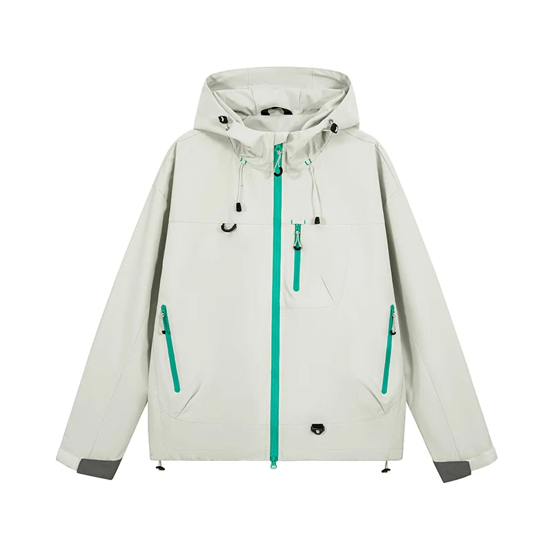 Light gray hooded jacket with teal zippers and drawstrings, modern minimalist design